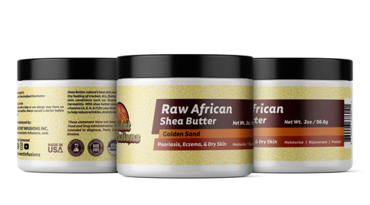 Raw organic African shea butter with golden sand fragrance, offering moisturizing benefits and versatile uses for skin and hair care routines.