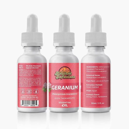 Geranium Essential Oil by Ancient Infusions: Discover the Balancing Benefits and Various Uses for Radiant Skin and Emotional Harmony.