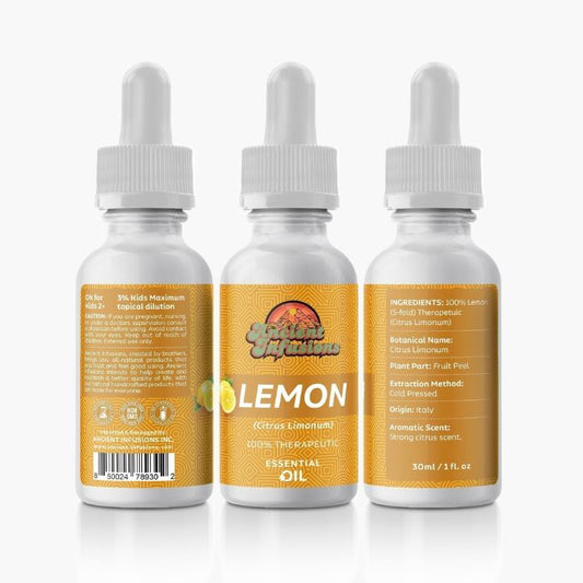 Lemon Essential Oil by Ancient Infusions: Unlock the Refreshing Benefits and Various Uses for Holistic Well-being and Aromatherapy Bliss.