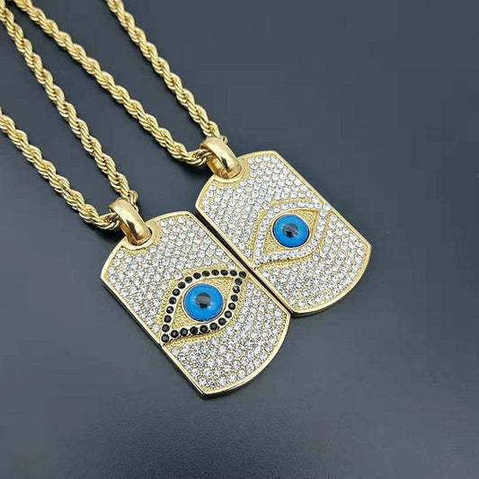 18k Gold-Plated Evil Eye Dog Tag Pendant Necklace with Stainless Steel Chain by Ancient Infusions – Bold and Protective Jewelry.