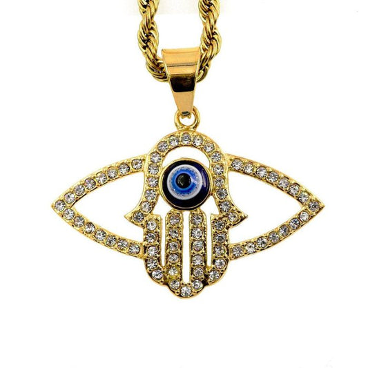 18k Gold-Plated Hamsa Hand Necklace with Blue Evil Eye Pendant and Stainless Steel Chain by Ancient Infusions – Elegant Spiritual Jewelry.