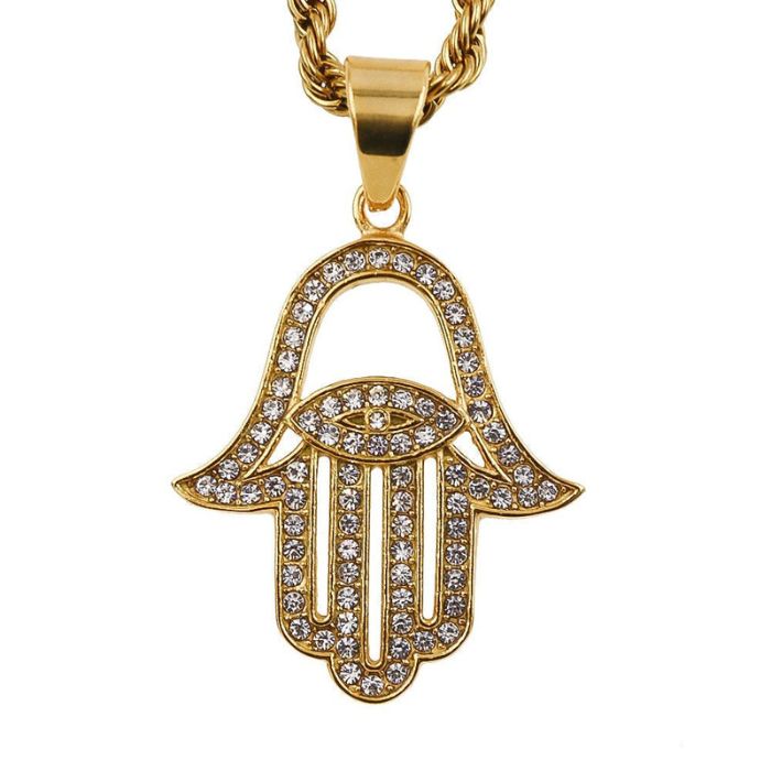 18k Gold Hamsa Evil Eye Pendant Necklace with Cuban Zircons and Stainless Steel Chain by Ancient Infusions – Protective Jewelry.