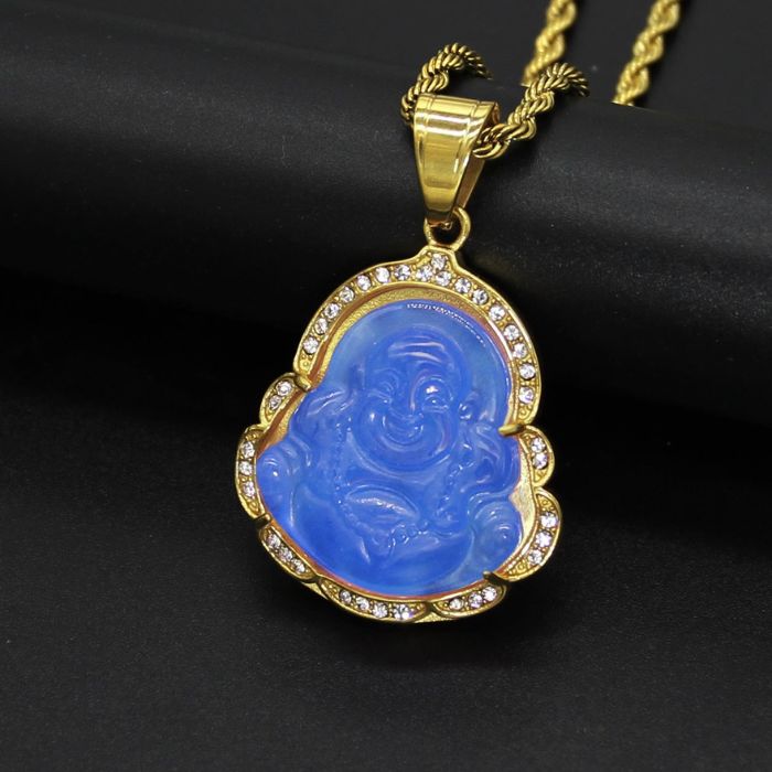 18k Gold-Plated Blue Maitreya Jade Laughing Buddha Necklace with Adjustable Stainless Steel Chain by Ancient Wellness - Spiritual Pendant for Men and Women.