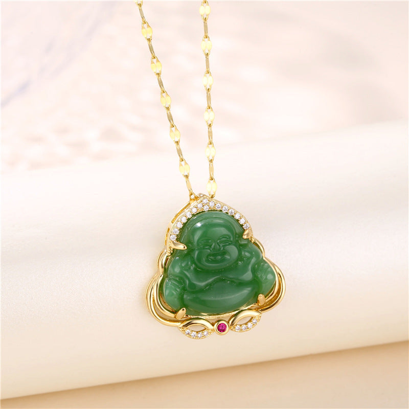 18k Gold-Plated Green Jade Buddha Necklace with Adjustable Stainless Steel Chain by Ancient Infusions – Elegant Green Jade Pendant.