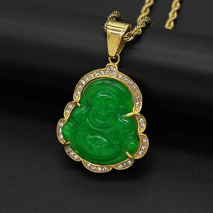 18k Gold-Plated Green Maitreya Jade Laughing Buddha Necklace with Adjustable Stainless Steel Chain by Ancient Wellness - Spiritual Pendant for Men and Women.