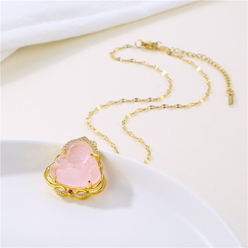 18k Gold-Plated Pink Jade Buddha Necklace with Adjustable Stainless Steel Chain by Ancient Infusions – Elegant Pink Jade Pendant.