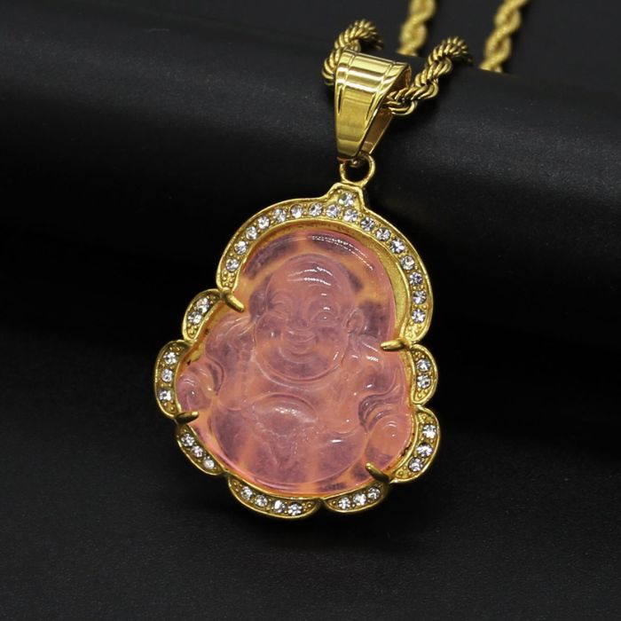 18k Gold-Plated Pink Maitreya Jade Laughing Buddha Necklace with Adjustable Stainless Steel Chain by Ancient Wellness - Spiritual Pendant for Men and Women.