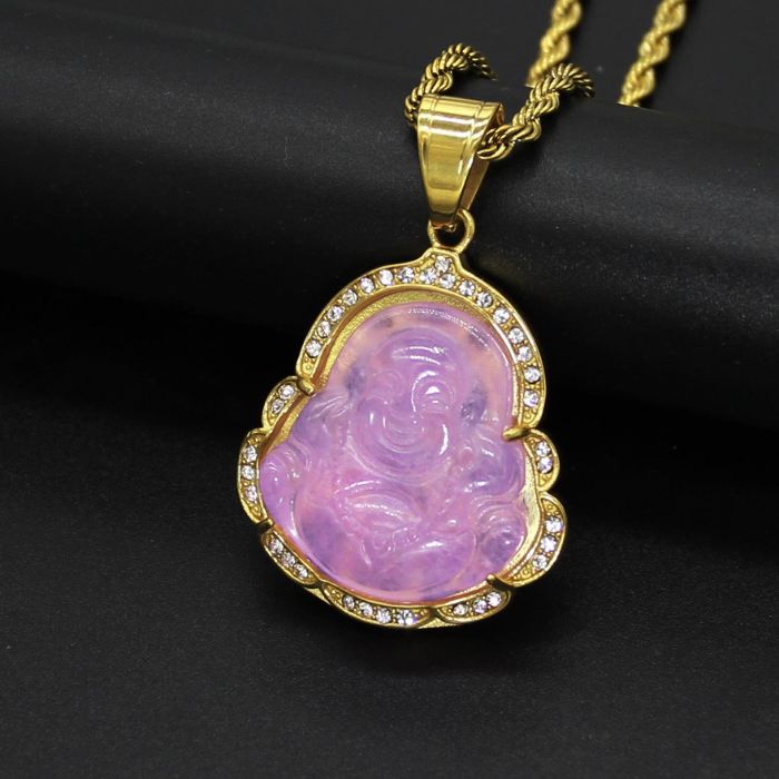 18k Gold-Plated Purple Maitreya Jade Laughing Buddha Necklace with Adjustable Stainless Steel Chain by Ancient Wellness - Spiritual Pendant for Men and Women.