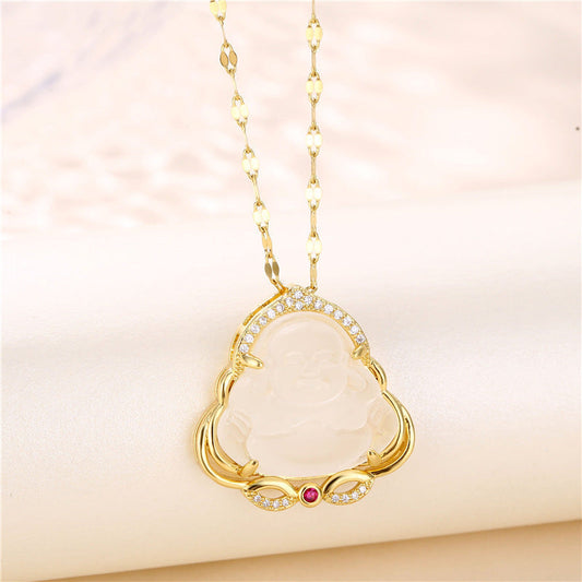 18k Gold-Plated White Jade Buddha Necklace with Adjustable Stainless Steel Chain by Ancient Infusions – Unique and Elegant Design.