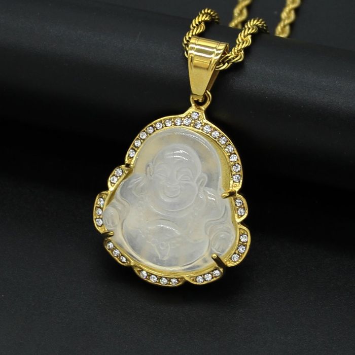 18k Gold-Plated White Maitreya Jade Laughing Buddha Necklace with Adjustable Stainless Steel Chain by Ancient Wellness - Spiritual Pendant for Men and Women.