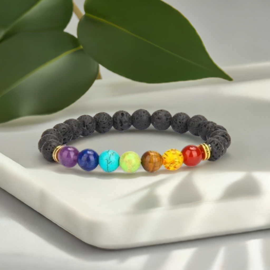 7 Chakra Elastic Lava Stone Bracelet – Balancing Energy and Grounding Strength for Men and Women.