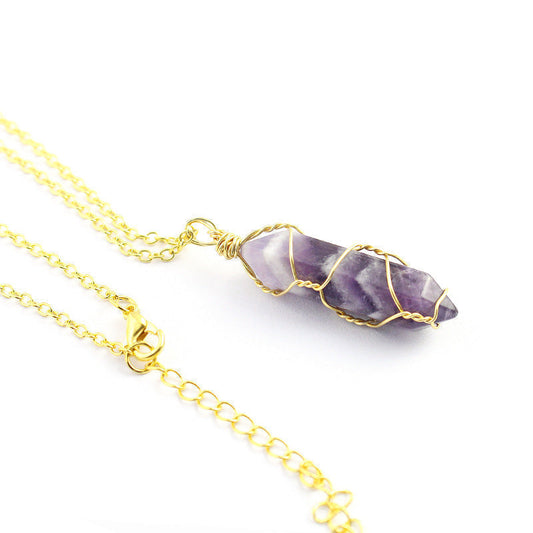 Close-up of a 14K Amethyst Gold Wire Stainless Steel Necklace for men and women, featuring a genuine amethyst stone.