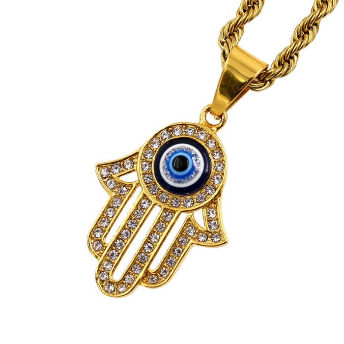 Ancient Infusions Evil Eye Hamsa Cuban Zircons Necklace - Stainless Steel Beauty with Protective Symbolism. Elevate your style with positive energies.