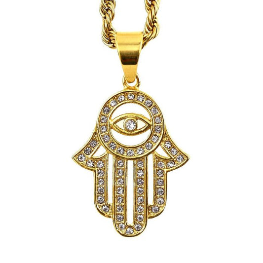 Cuban Zircons Hamsa Evil Eye Necklace - Main View for Elegance and Protection.