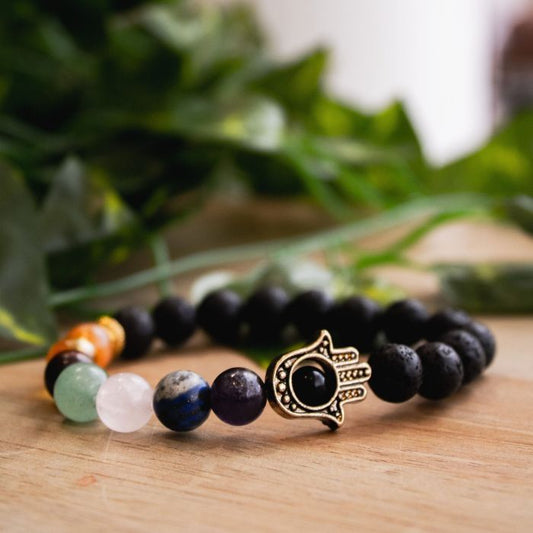 Embrace the protective energy of the Hamsa hand and the harmonizing power of seven chakras with our Eternal Harmony Bracelet.
