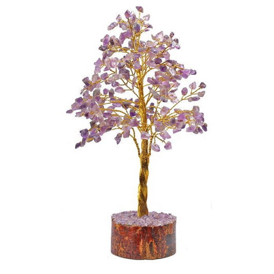 Experience tranquility in gold wire elegance with Ancient Infusions' Golden Amethyst Crystal Tree - a 7"-8" masterpiece hand-crafted with 300 healing amethyst crystals.