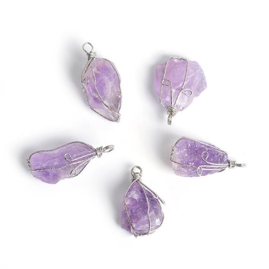 Elegant amethyst gemstone necklace with intricate gold wire design and durable stainless steel chain for men and women.