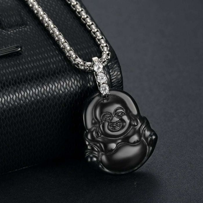 Black Jade Laughing Buddha Necklace with Cuban Zircons and Stainless Steel Chain by Ancient Infusions – Elegant Spiritual Jewelry.