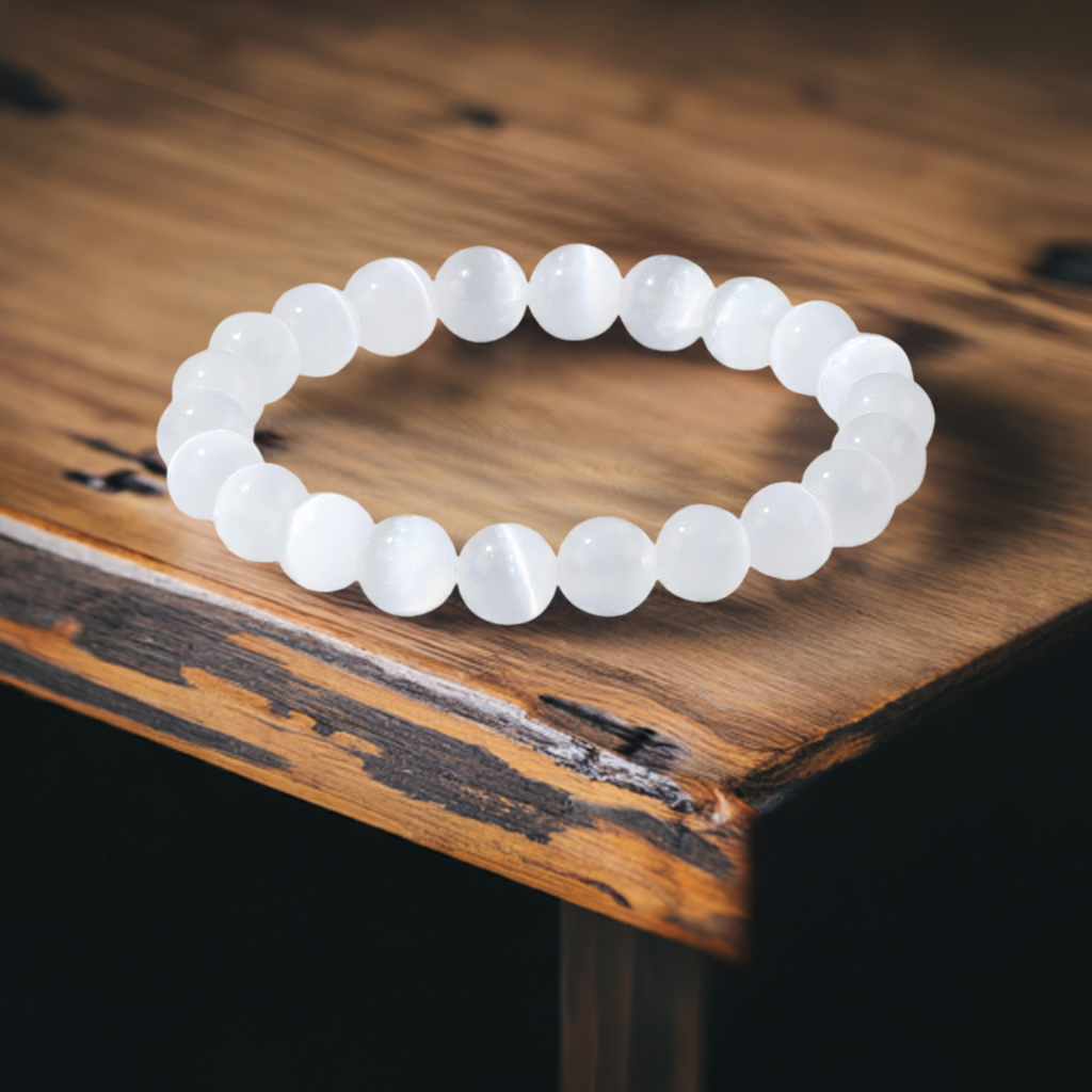 White Cat’s Eye Bracelet for Men and Women – Real Beaded Elastic Healing Crystal Jewelry.