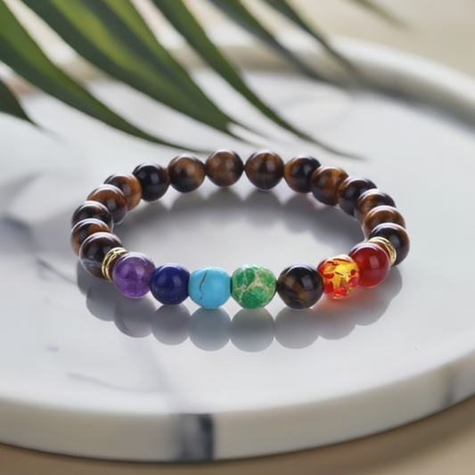 Elastic 7 Chakra Tiger’s Eye Bracelet – Grounding and Balance for Men and Women.