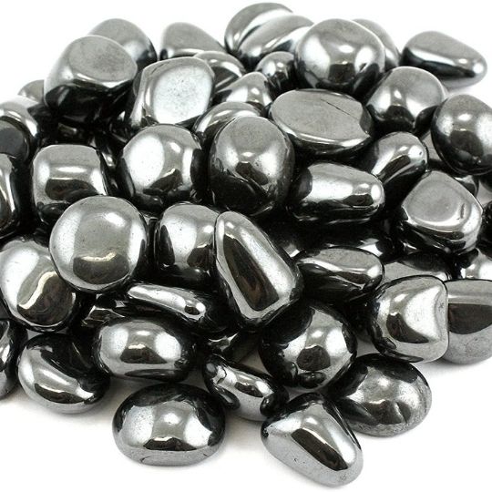 Close-up of a hematite stone necklace, highlighting its spiritual benefits and sleek metallic shine.