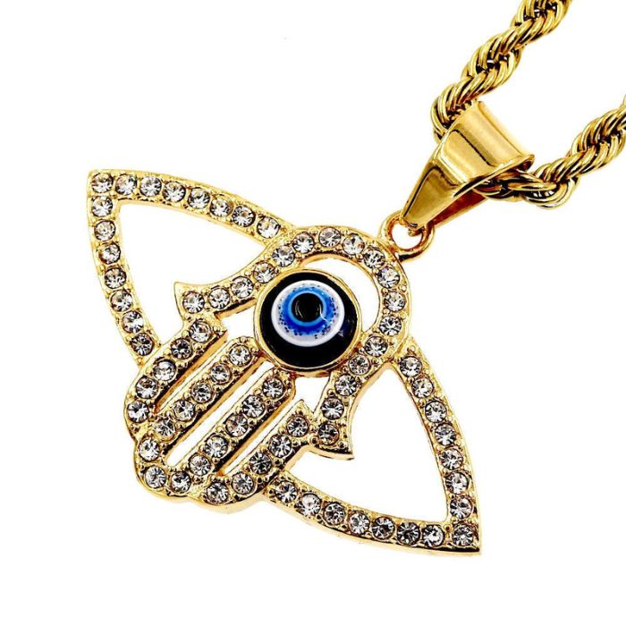 Gold Hamsa Necklace with Blue Evil Eye Pendant – Modern and Protective Jewelry by Ancient Infusions.