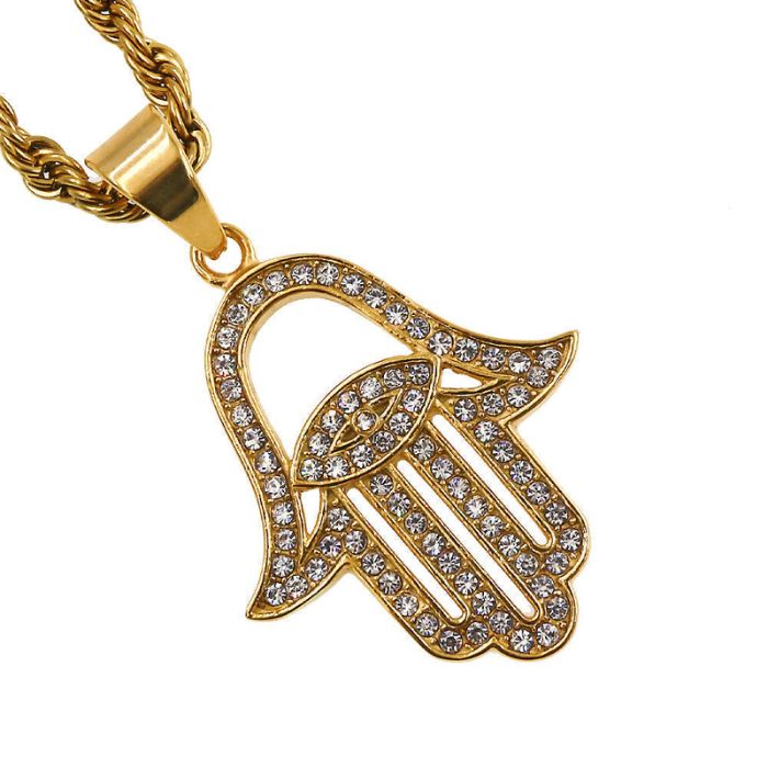 Gold Hamsa Necklace with Evil Eye Pendant and Cuban Zircons – Modern and Protective Jewelry.