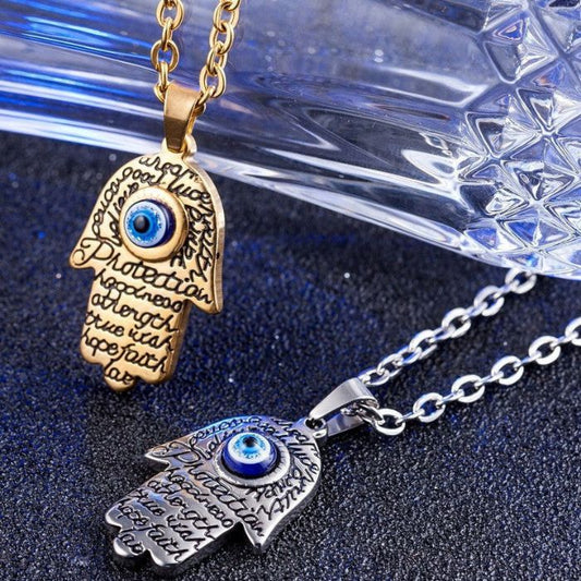 Gold and Silver Hamsa Evil Eye Pendant Necklace with Stainless Steel Chain by Ancient Infusions – Protective Spiritual Jewelry.