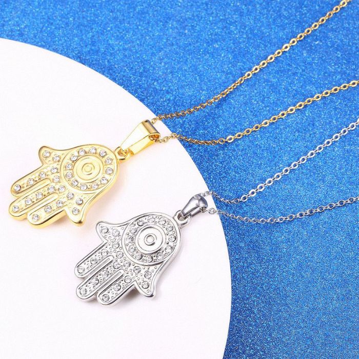 Gold and Silver Hamsa Hand Necklace with Evil Eye Pendant and Stainless Steel Chain by Ancient Infusions – Elegant Spiritual Jewelry.