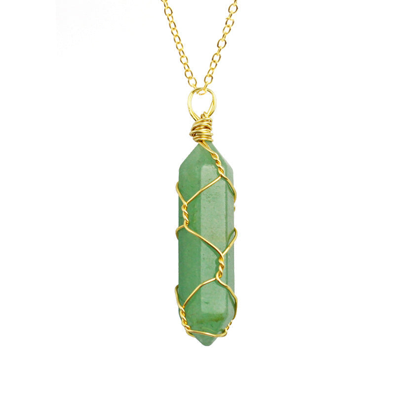 Close-up of a Green Aventurine Necklace featuring a vibrant gemstone wrapped in handcrafted gold wire with a stainless steel chain.