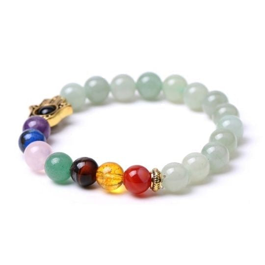 Green Aventurine Hamsa 7 Chakra Elastic Bracelet - Healing Properties and Abundance Benefits.