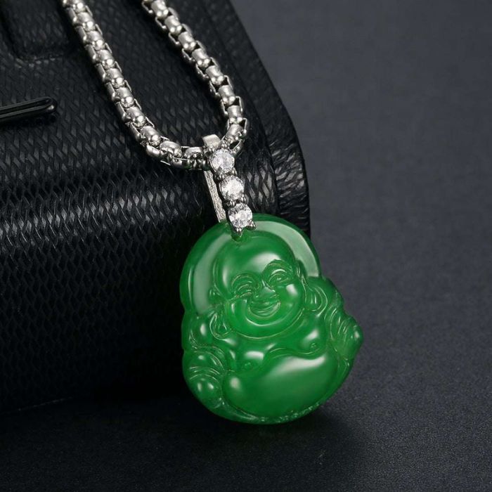 Green Jade Laughing Buddha Necklace with Cuban Zircons and Stainless Steel Chain by Ancient Infusions – Elegant Spiritual Jewelry.