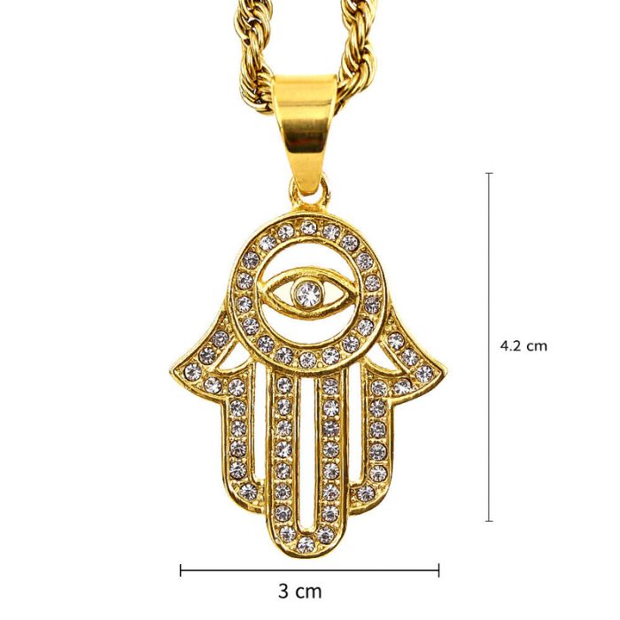 Elegant Gold Hamsa Necklace for Women and Men – Hand of Fatima Design with Spiritual Meaning.