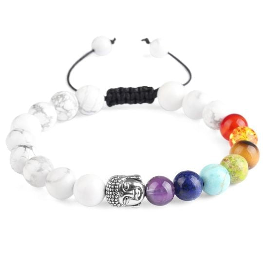 Howlite Adjustable Rope 7 Chakra Bracelet with Buddha Head Charm – Natural Stones and Spiritual Energy.