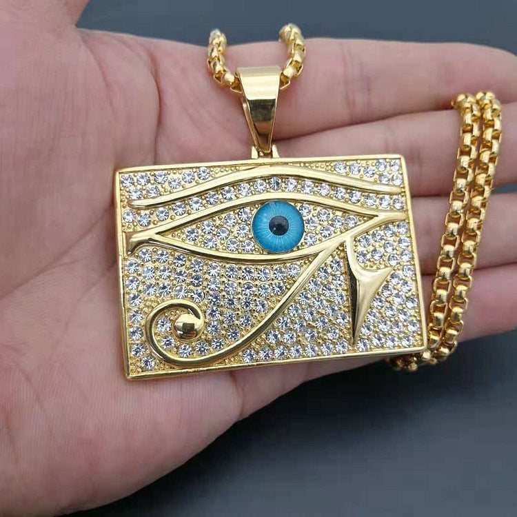 Large Dog Tag Eye of Ra Necklace in 18k Gold and Silver-Plated Stainless Steel by Ancient Infusions – Bold Egyptian Jewelry.