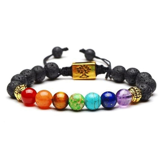 Lava Stone Adjustable Rope 7 Chakra Bracelet with Tree of Life Charm – Grounding and Spiritual Energy.