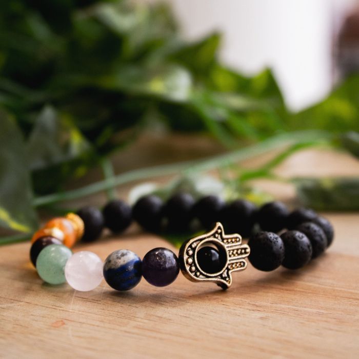 Lava Stone Hamsa 7 Chakra Elastic Bracelet - Healing Properties and Chakra Alignment Benefits.