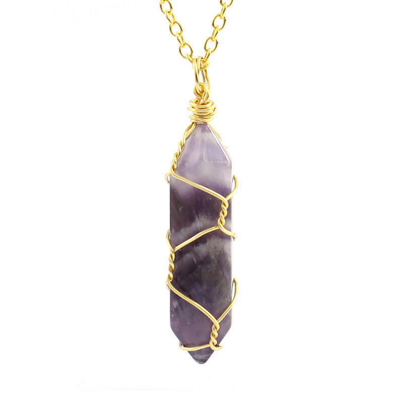 Authentic men’s amethyst gold wire necklace in 14K gold wrapping, showcasing vibrant purple gemstone.