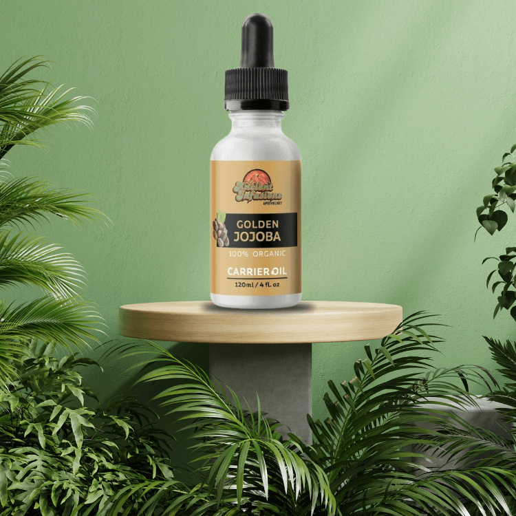 Organic golden jojoba oil carrier oil by Ancient Infusions – 100% pure cold-pressed oil for skin hydration, hair care, and natural balance.