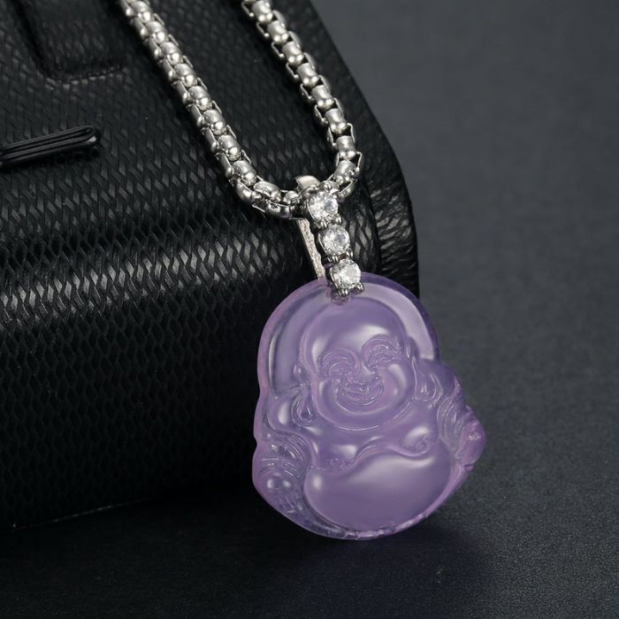 Purple Jade Laughing Buddha Necklace with Cuban Zircons and Stainless Steel Chain by Ancient Infusions – Elegant Spiritual Jewelry.