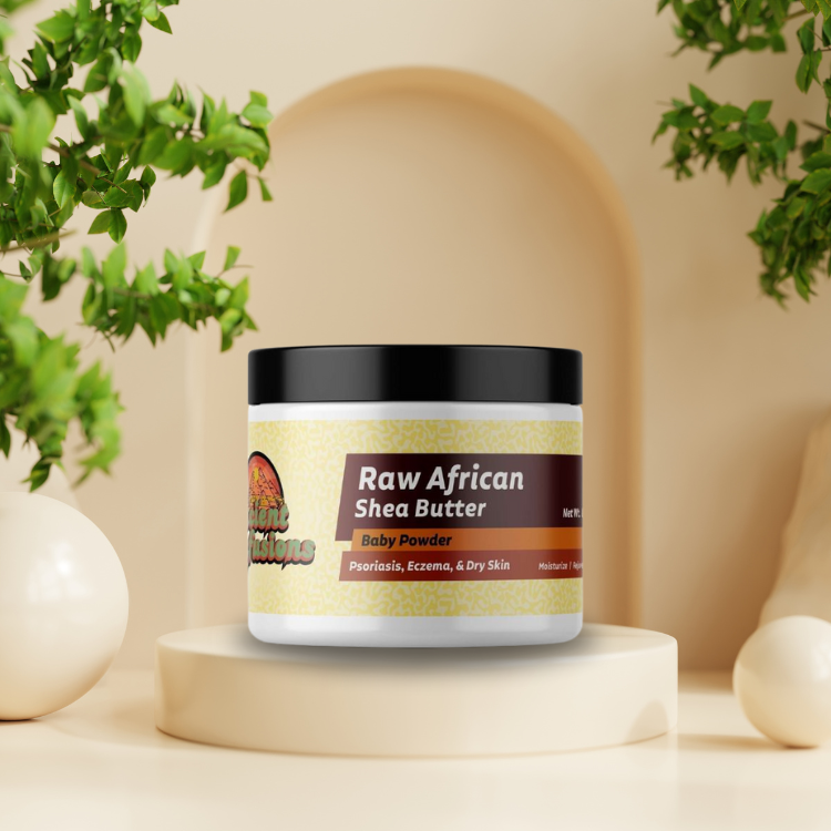 Raw African Shea Butter infused with Baby Powder for soft skincare and a comforting scent.