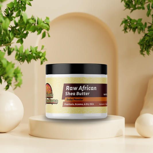 Raw African Shea Butter infused with Baby Powder for soft skincare and a comforting scent.