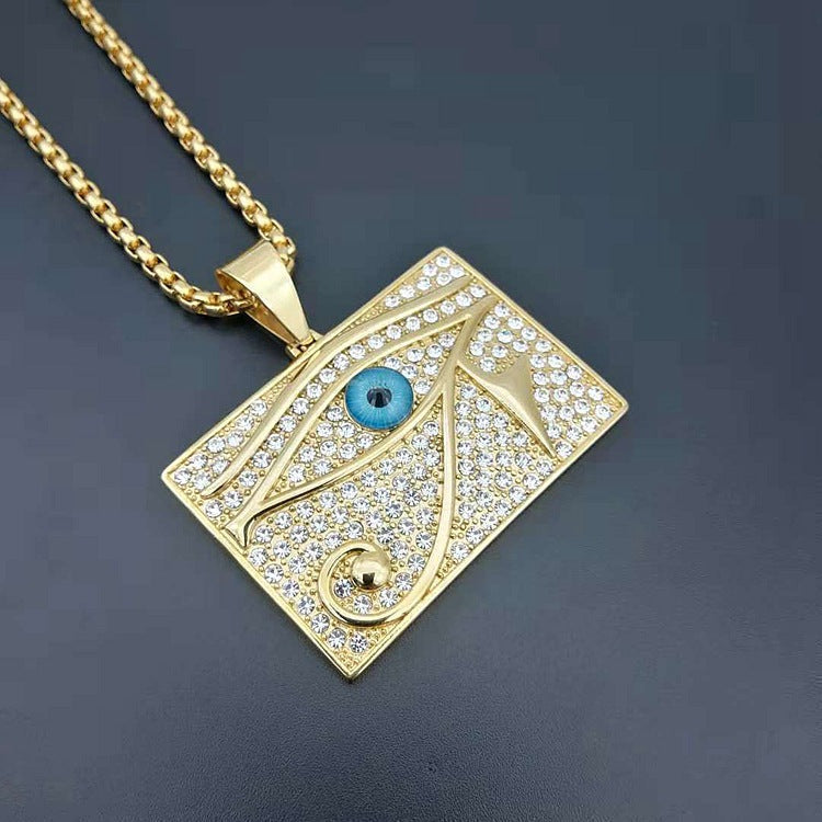 Real 18k Gold and Silver-Plated Large Dog Tag Eye of Ra Necklace with Stainless Steel Chain – Bold Design.