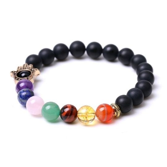 Real Black Onyx Hamsa 7 Chakra Bracelet for Men and Women - Protection and Balance.