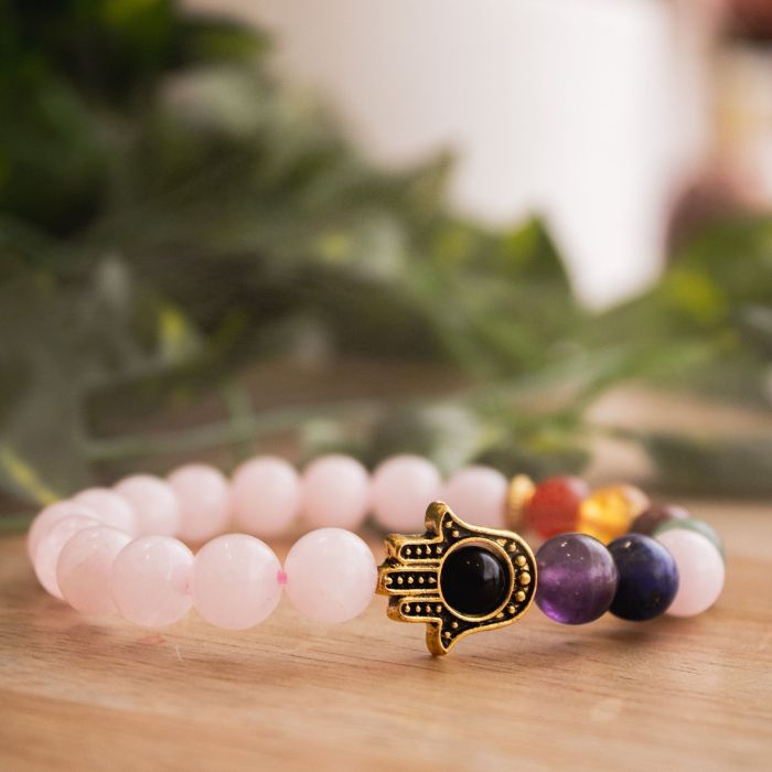 Real Rose Quartz Hamsa 7 Chakra Bracelet for Women - Love and Protection.