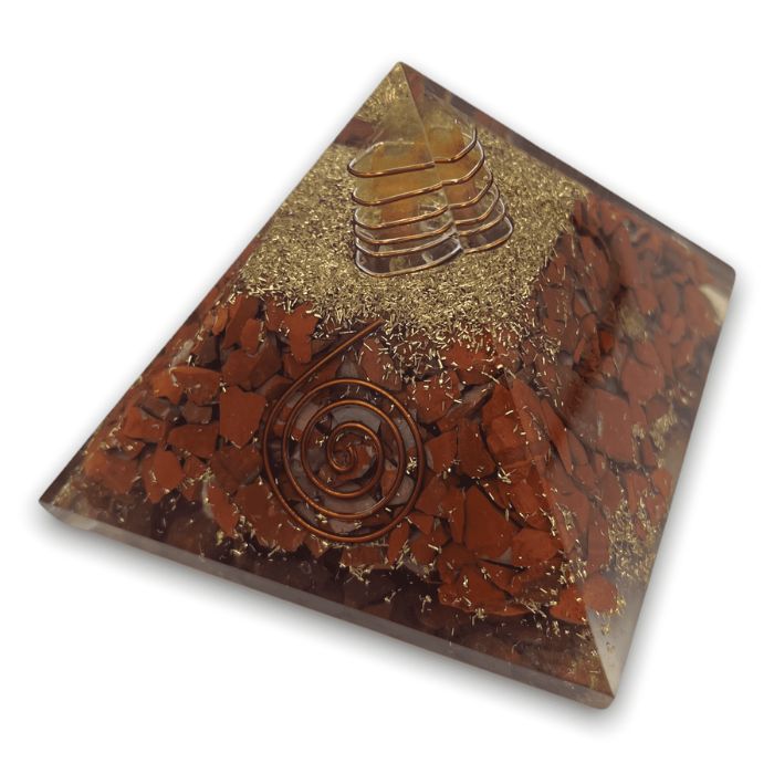 Red Jasper Orgone Pyramid for grounding, protection, and spiritual energy.