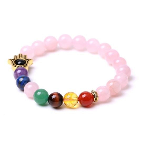 Rose Quartz Hamsa 7 Chakra Elastic Bracelet - Healing Properties and Chakra Alignment Benefits.