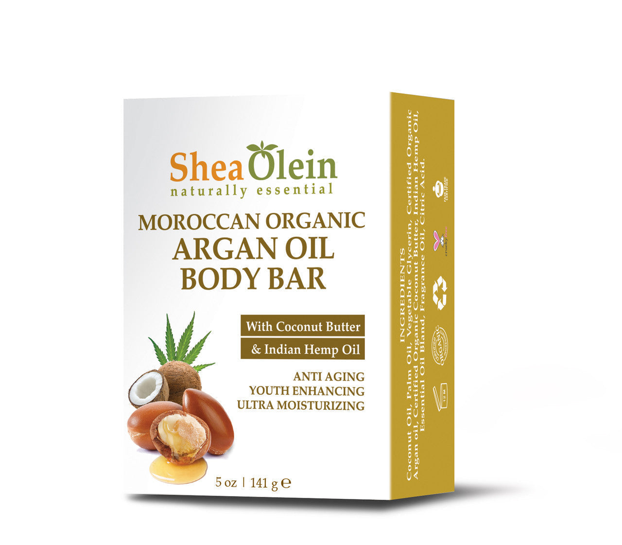 Shea Olein Moroccan Organic Argan Oil Body Bar with Coconut Butter and Indian Hemp Oil – Hydrating Skincare Soap.