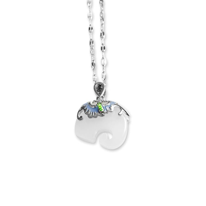 Silver White Jade Elephant Necklace with Stainless Steel Chain by Ancient Infusions – Elegant and Symbolic Jewelry.