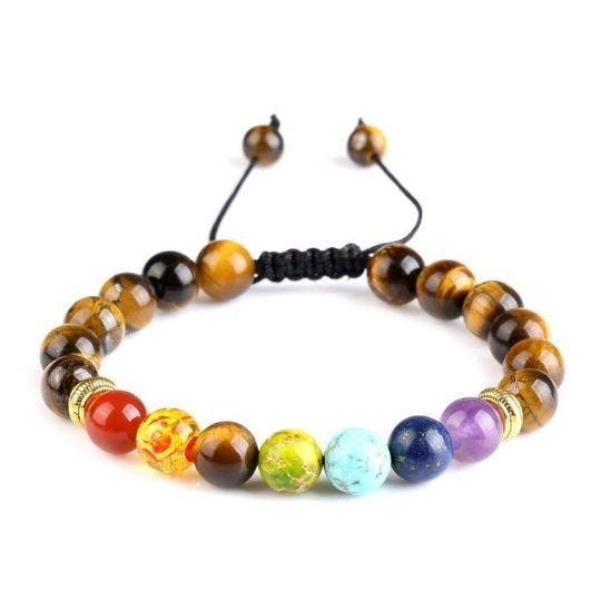 Tiger’s Eye Adjustable Rope 7 Chakra Bracelet – Grounding and Protective Energy with Natural Stones.